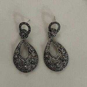 Vintage Sterling Silver Marcasite Dangle Pierced Earrings Approximately 2" x 1"